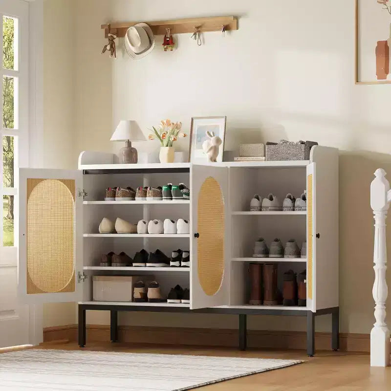 Armoire en rotin à 3 portes, organisateur de rangement pour chaussures avec étagères réglables, armoire de rangement 7 niveaux non encastrée pour entrée, couloir, salon