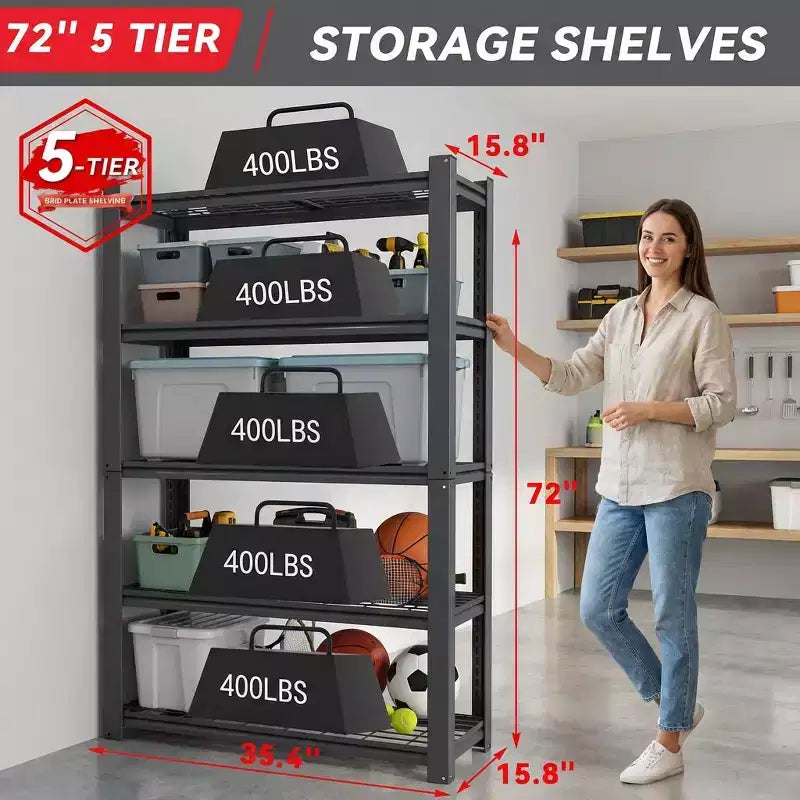 VIYET 72 Étagère en treillis métallique robuste à 5 niveaux - Capacité totale de 2 000 lb Rangement réglable pour cellier, garage et cuisine, noir