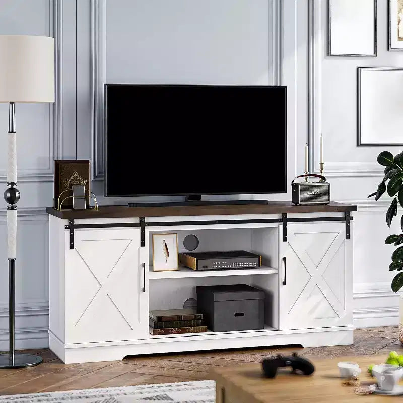 TV Stand for Up to 65 inch TV, Farmhouse Sliding Barn Door TV Stand, Entertainment Center with Cable Management Holes for Living Room