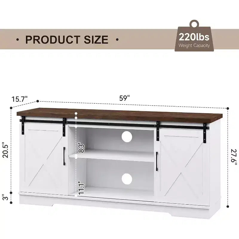 Meuble TV pour téléviseur jusqu'à 65 pouces, Meuble TV de style ferme avec portes coulissantes, Meuble multimédia avec trous de gestion des câbles pour le salon