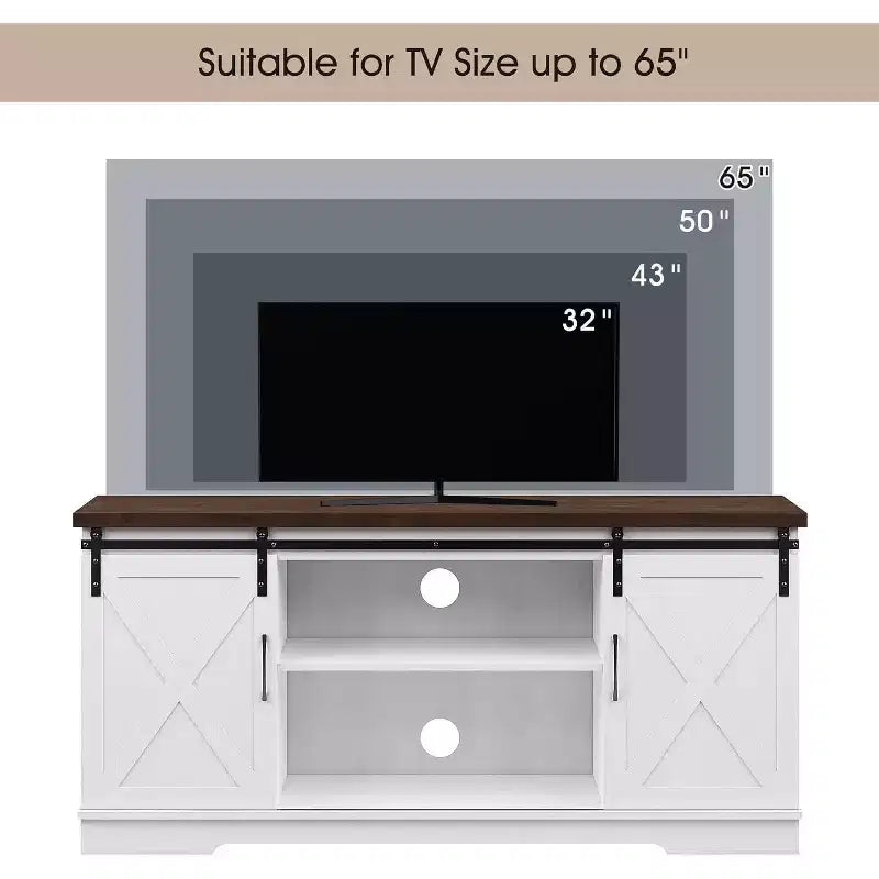 Meuble TV pour téléviseur jusqu'à 65 pouces, Meuble TV de style ferme avec portes coulissantes, Meuble multimédia avec trous de gestion des câbles pour le salon