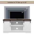 Meuble TV pour téléviseur jusqu'à 65 pouces, Meuble TV de style ferme avec portes coulissantes, Meuble multimédia avec trous de gestion des câbles pour le salon