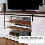 Meuble TV pour téléviseur jusqu'à 65 pouces, Meuble TV de style ferme avec portes coulissantes, Meuble multimédia avec trous de gestion des câbles pour le salon