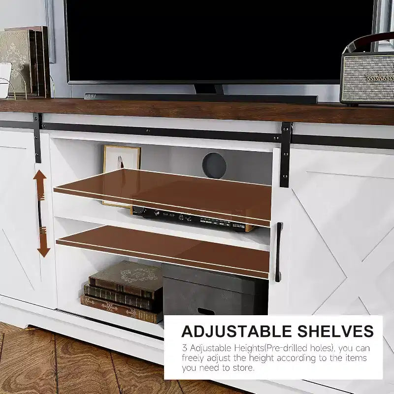 Meuble TV pour téléviseur jusqu'à 65 pouces, Meuble TV de style ferme avec portes coulissantes, Meuble multimédia avec trous de gestion des câbles pour le salon