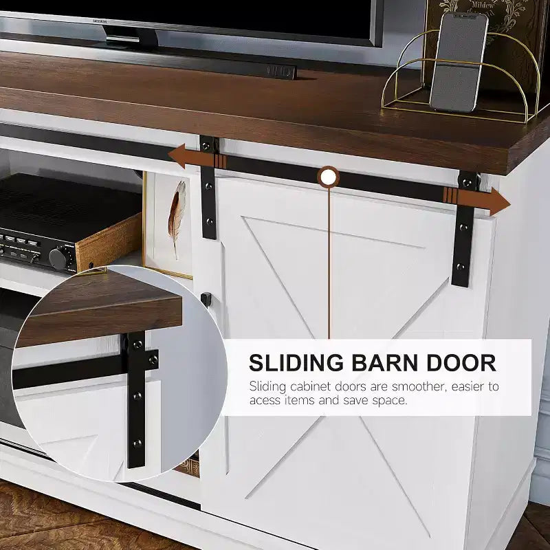 Meuble TV pour téléviseur jusqu'à 65 pouces, Meuble TV de style ferme avec portes coulissantes, Meuble multimédia avec trous de gestion des câbles pour le salon