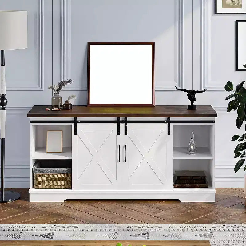 Meuble TV pour téléviseur jusqu'à 65 pouces, Meuble TV de style ferme avec portes coulissantes, Meuble multimédia avec trous de gestion des câbles pour le salon