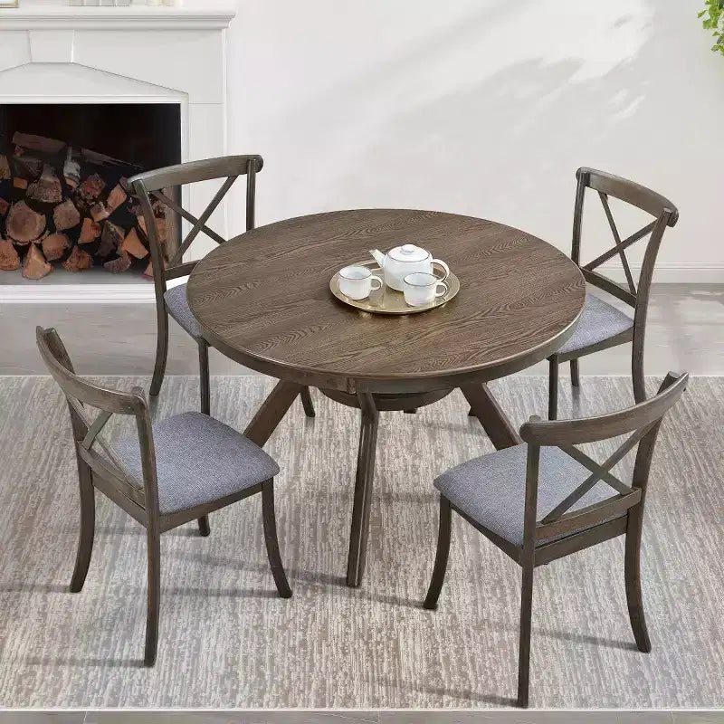 Ensemble de salle à manger moderne 5 pièces en bois, table ronde de 120 cm avec 4 chaises rembourrées, meubles pour petits espaces de cuisine et salle à manger - Panipeachy