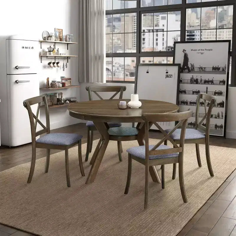 Ensemble de salle à manger moderne 5 pièces en bois, table ronde de 120 cm avec 4 chaises rembourrées, meubles pour petits espaces de cuisine et salle à manger - Panipeachy