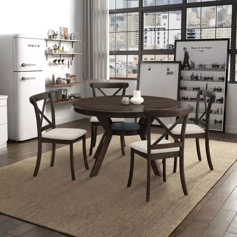 Ensemble de salle à manger moderne 5 pièces en bois, table ronde de 120 cm avec 4 chaises rembourrées, meubles pour petits espaces de cuisine et salle à manger - Panipeachy