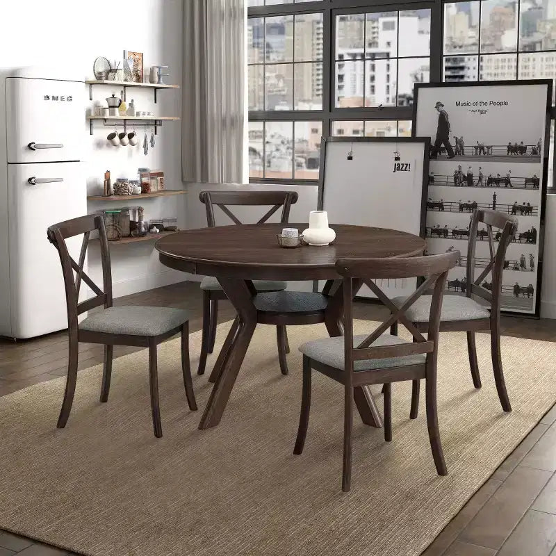 Ensemble de salle à manger moderne 5 pièces en bois, table ronde de 120 cm avec 4 chaises rembourrées, meubles pour petits espaces de cuisine et salle à manger - Panipeachy