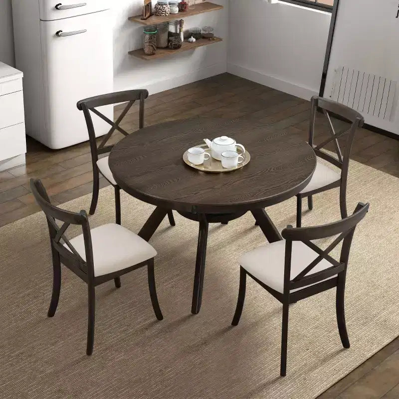 5-Piece Modern Wooden Dining Table Set,47 Round Table with 4 Upholstered Chairs Kitchen & Dining Room Small Space Furniture-Panipeachy
