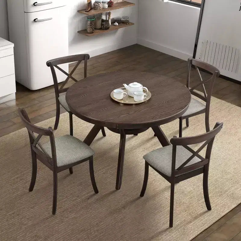 Ensemble de salle à manger moderne 5 pièces en bois, table ronde de 120 cm avec 4 chaises rembourrées, meubles pour petits espaces de cuisine et salle à manger - Panipeachy