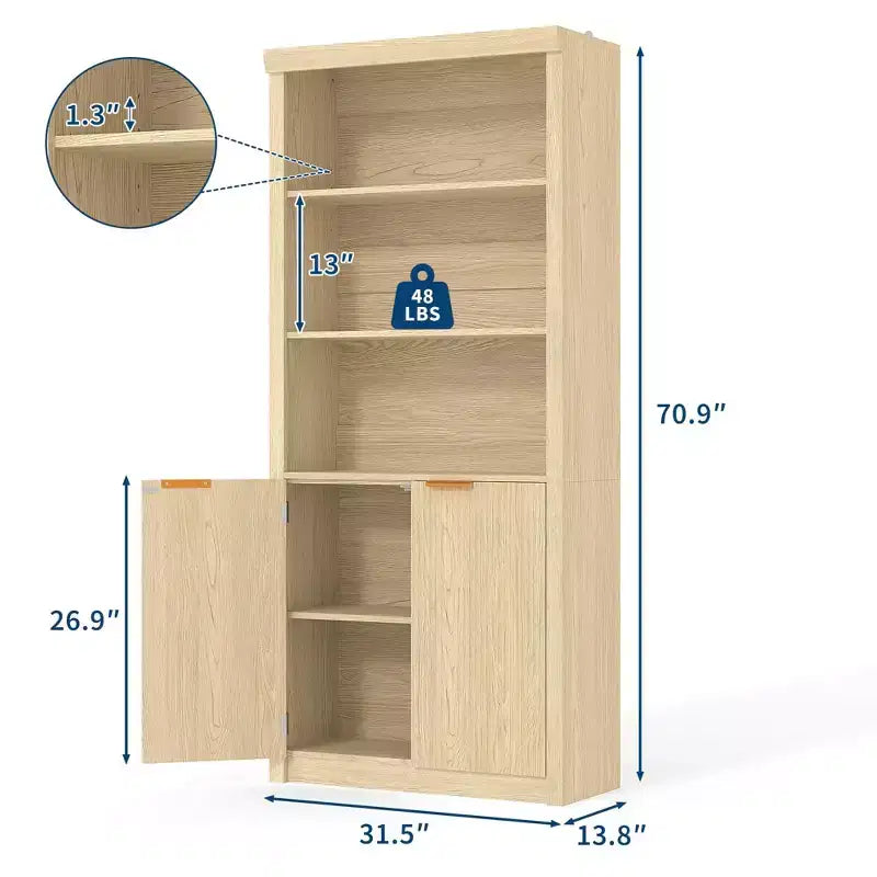 Bibliothèque et étagère de 70,9 pouces de haut, bibliothèque en bois avec portes, bibliothèques à 5 étagères avec étagère supérieure réglable pour bureau à domicile, salon