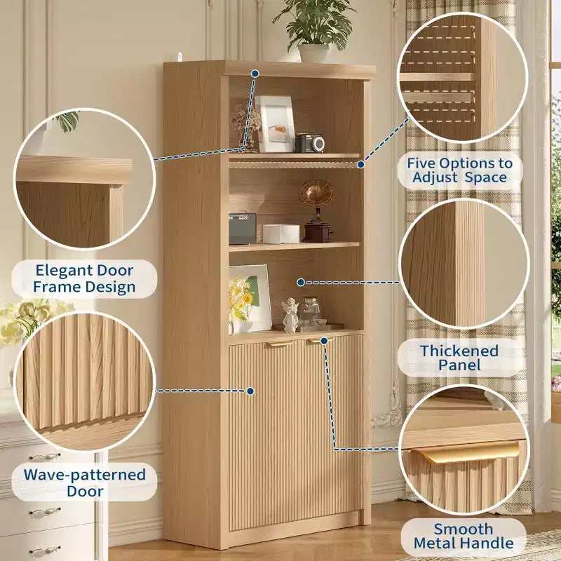Bibliothèque et étagère de 70,9 pouces de haut, bibliothèque en bois avec portes, bibliothèques à 5 étagères avec étagère supérieure réglable pour bureau à domicile, salon