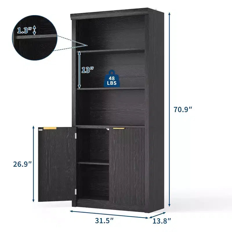 Bibliothèque et étagère de 70,9 pouces de haut, bibliothèque en bois avec portes, bibliothèques à 5 étagères avec étagère supérieure réglable pour bureau à domicile, salon