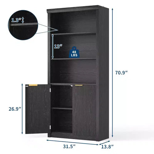 Bibliothèque et étagère de 70,9 pouces de haut, bibliothèque en bois avec portes, bibliothèques à 5 étagères avec étagère supérieure réglable pour bureau à domicile, salon