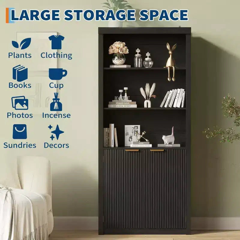 Bibliothèque et étagère de 70,9 pouces de haut, bibliothèque en bois avec portes, bibliothèques à 5 étagères avec étagère supérieure réglable pour bureau à domicile, salon