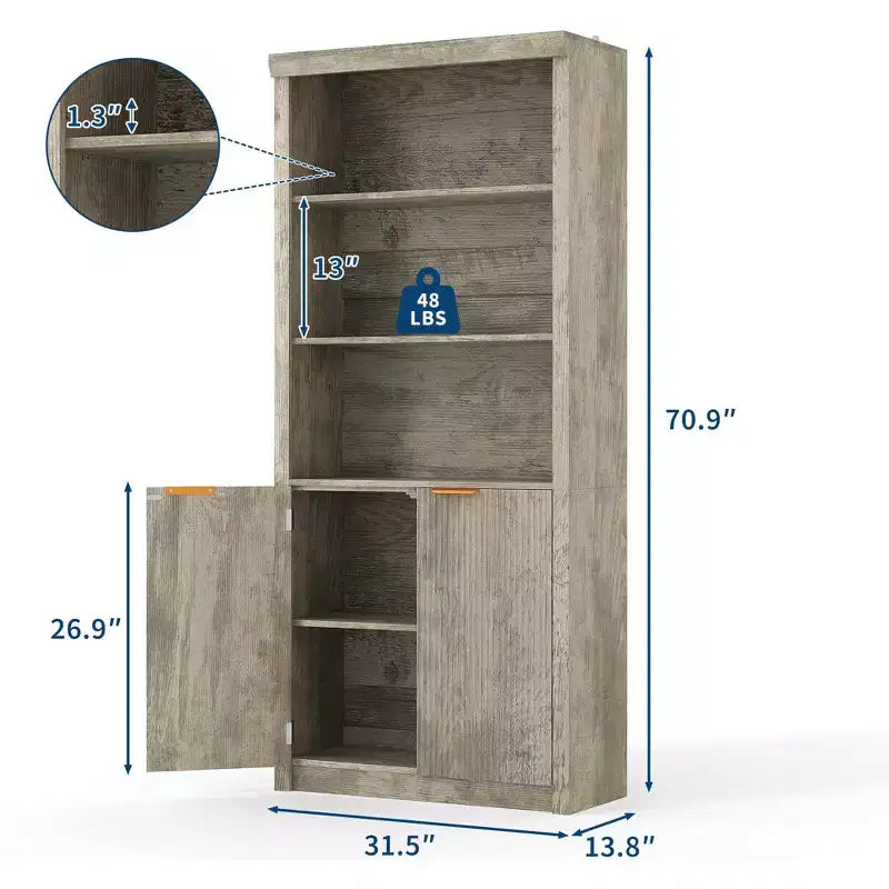 Bibliothèque et étagère de 70,9 pouces de haut, bibliothèque en bois avec portes, bibliothèques à 5 étagères avec étagère supérieure réglable pour bureau à domicile, salon