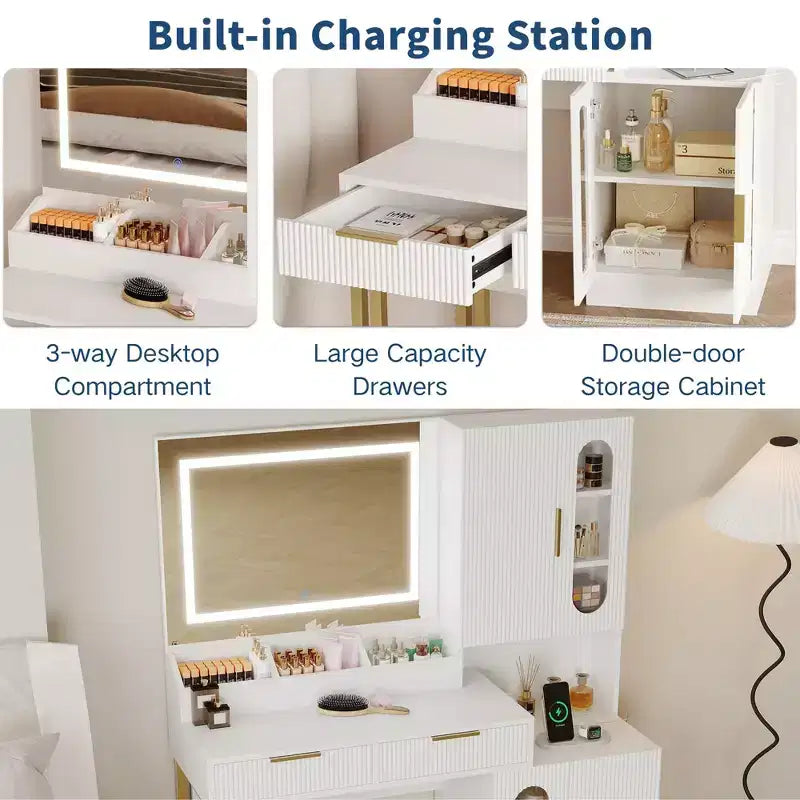 Coiffeuse, coiffeuse cannelée avec tiroirs et armoires, coiffeuse moderne avec station de charge, 3 modes d'éclairage de couleur pour chambre à coucher