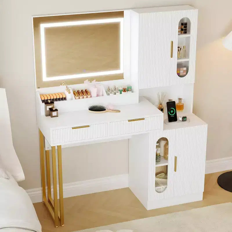 Coiffeuse, coiffeuse cannelée avec tiroirs et armoires, coiffeuse moderne avec station de charge, 3 modes d'éclairage de couleur pour chambre à coucher