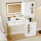 Coiffeuse, coiffeuse cannelée avec tiroirs et armoires, coiffeuse moderne avec station de charge, 3 modes d'éclairage de couleur pour chambre à coucher
