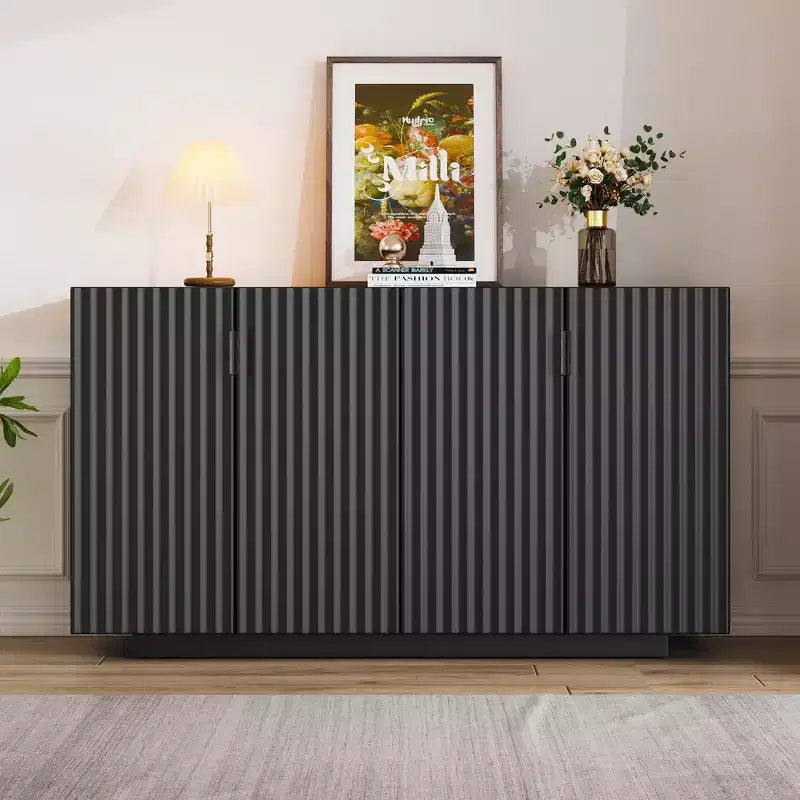 Clihome Buffet avec rangement, buffet avec grand espace de rangement, buffet à 4 portes cannelées avec étagères réglables