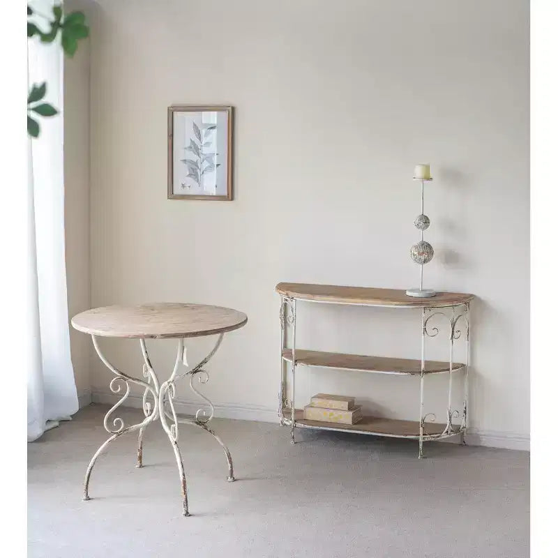 Table ronde en bois avec pieds en métal ouvragé finition blanche 31,5x31,5