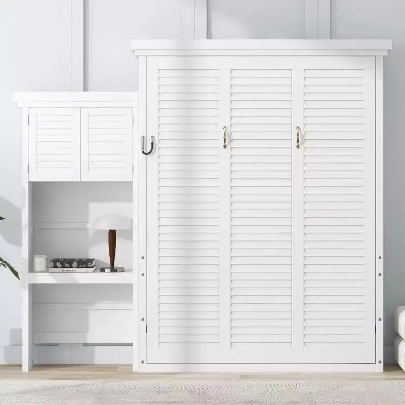 Lit escamotable Whisen Queen Size avec étagères de rangement multiples et décoration à persiennes