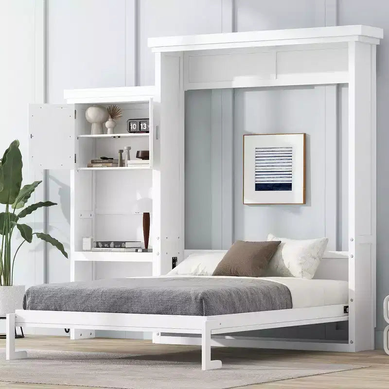 Lit escamotable Whisen Queen Size avec étagères de rangement multiples et décoration à persiennes
