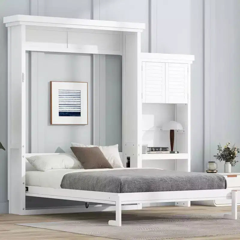 Lit escamotable Whisen Queen Size avec étagères de rangement multiples et décoration à persiennes