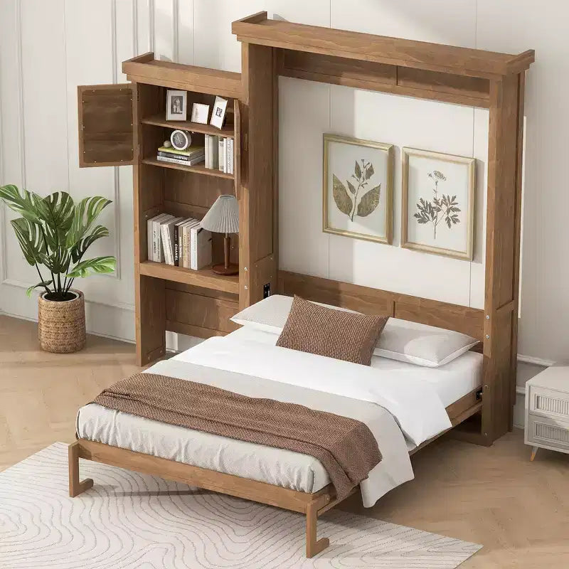 Lit escamotable Whisen Queen Size avec étagères de rangement multiples et décoration à persiennes