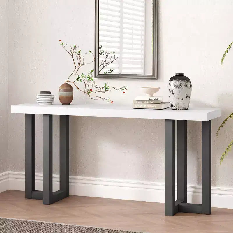 TUYOHW 63 Table console moderne avec plateau en patchwork géométrique, table d'entrée avec pieds en pin massif, table de foyer pour salon, couloir, entrée