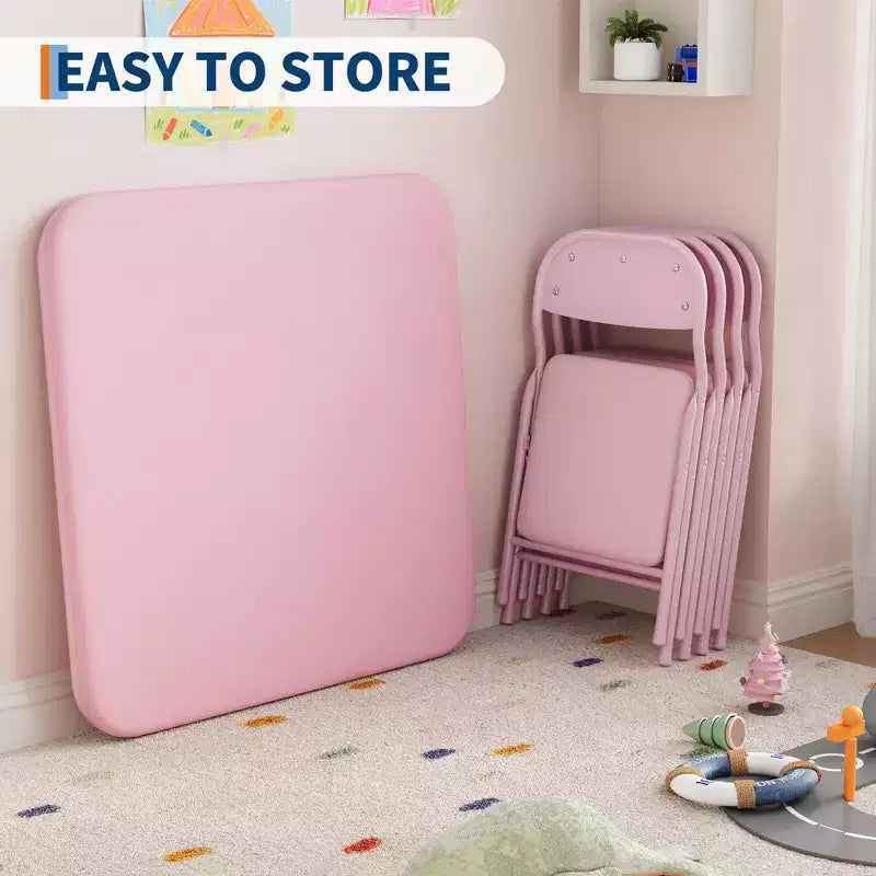 Ensemble table et 4 chaises pliantes roses pour enfants, idéal pour salle à manger/garderie/salle de classe
