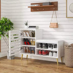 Banc à chaussures VECELO avec rangement et étagère réglable, banc d'entrée avec coussin rembourré amovible, porte à persiennes, noir/blanc