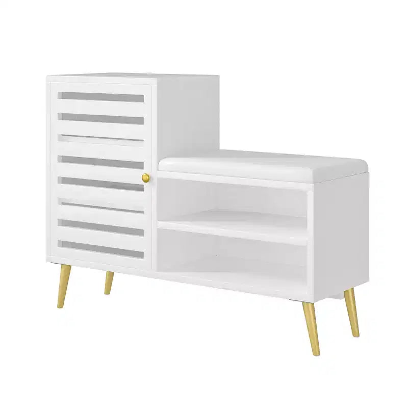 Banc à chaussures VECELO avec rangement et étagère réglable, banc d'entrée avec coussin rembourré amovible, porte à persiennes, noir/blanc