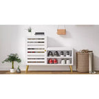 Banc à chaussures VECELO avec rangement et étagère réglable, banc d'entrée avec coussin rembourré amovible, porte à persiennes, noir/blanc