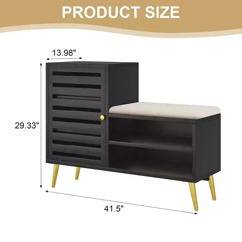 Banc à chaussures VECELO avec rangement et étagère réglable, banc d'entrée avec coussin rembourré amovible, porte à persiennes, noir/blanc