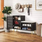 Banc à chaussures VECELO avec rangement et étagère réglable, banc d'entrée avec coussin rembourré amovible, porte à persiennes, noir/blanc