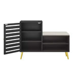 Banc à chaussures VECELO avec rangement et étagère réglable, banc d'entrée avec coussin rembourré amovible, porte à persiennes, noir/blanc