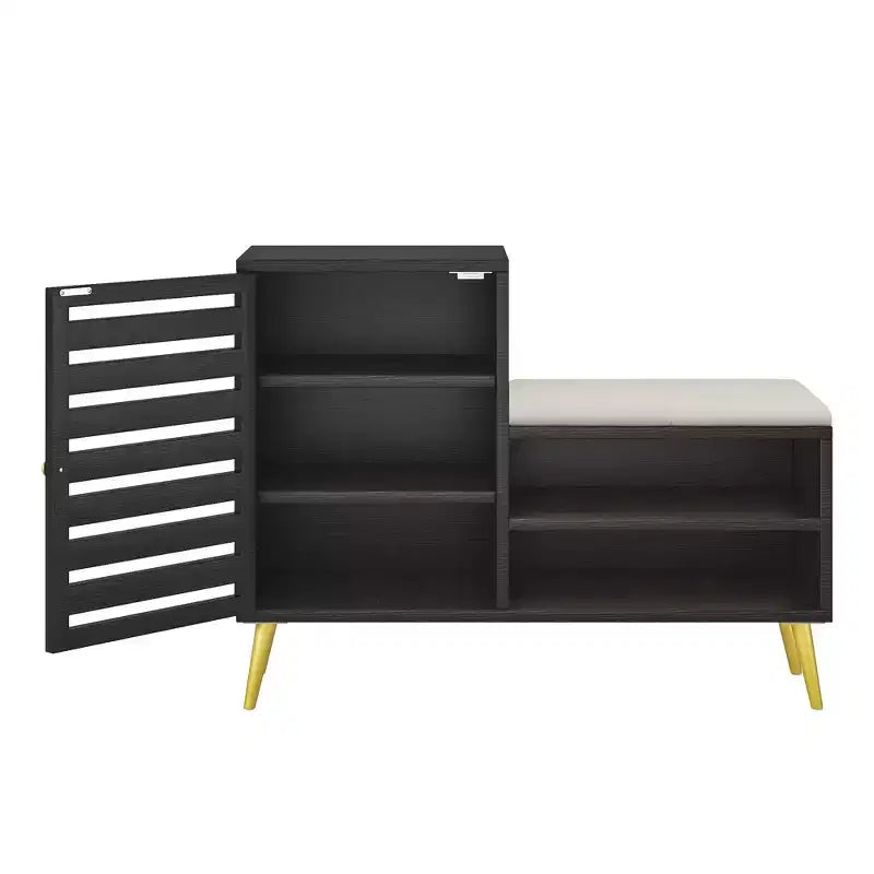 Banc à chaussures VECELO avec rangement et étagère réglable, banc d'entrée avec coussin rembourré amovible, porte à persiennes, noir/blanc