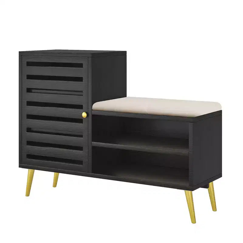 Banc à chaussures VECELO avec rangement et étagère réglable, banc d'entrée avec coussin rembourré amovible, porte à persiennes, noir/blanc