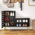 Banc à chaussures VECELO avec rangement et étagère réglable, banc d'entrée avec coussin rembourré amovible, porte à persiennes, noir/blanc