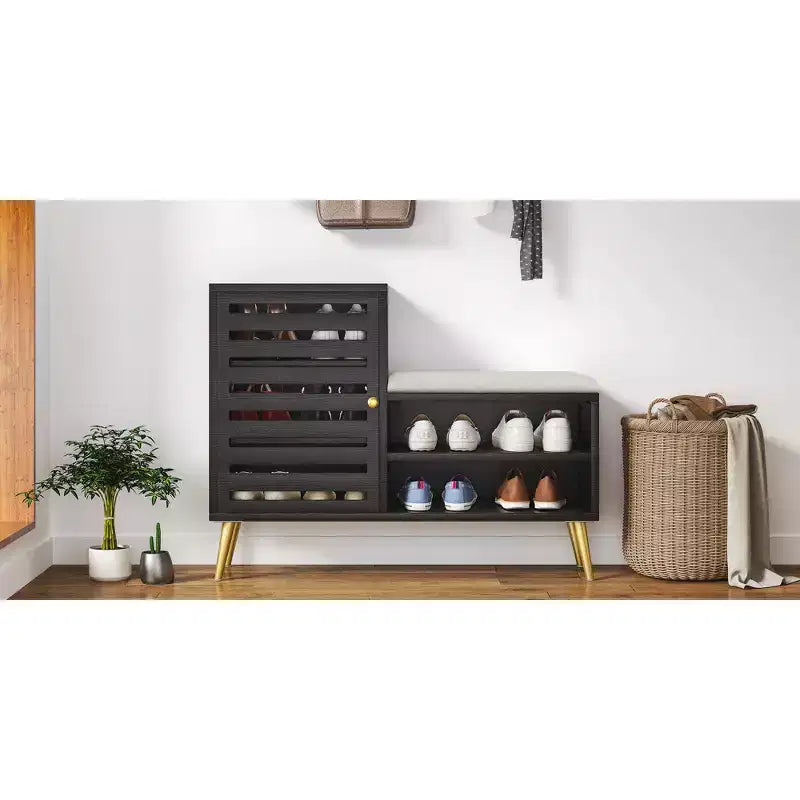 Banc à chaussures VECELO avec rangement et étagère réglable, banc d'entrée avec coussin rembourré amovible, porte à persiennes, noir/blanc