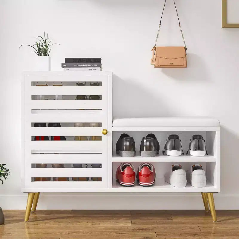Banc à chaussures VECELO avec rangement et étagère réglable, banc d'entrée avec coussin rembourré amovible, porte à persiennes, noir/blanc