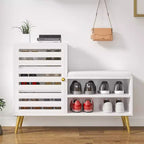 Banc à chaussures VECELO avec rangement et étagère réglable, banc d'entrée avec coussin rembourré amovible, porte à persiennes, noir/blanc