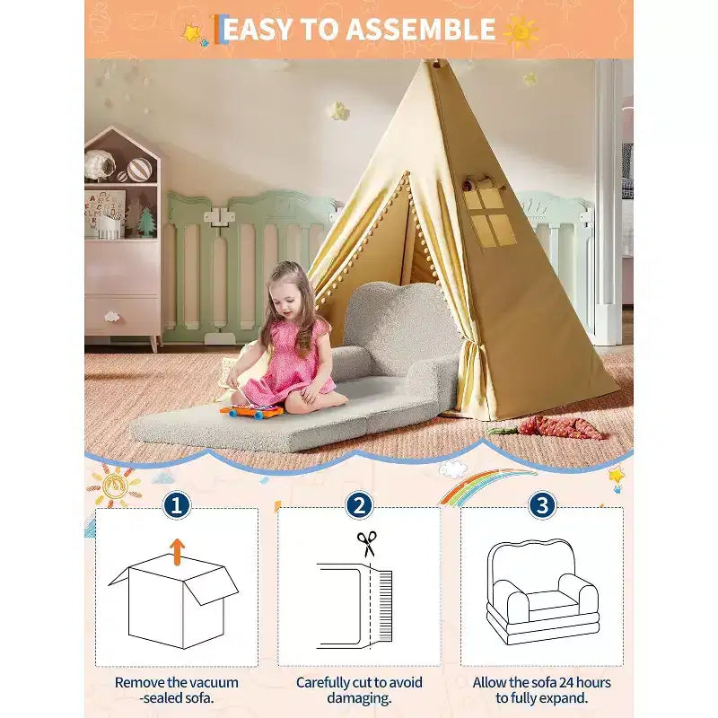 Canapé 2-en-1 pour enfants Canapé confortable Fauteuil long Canapé en mousse souple Cadeau pour garçons et filles