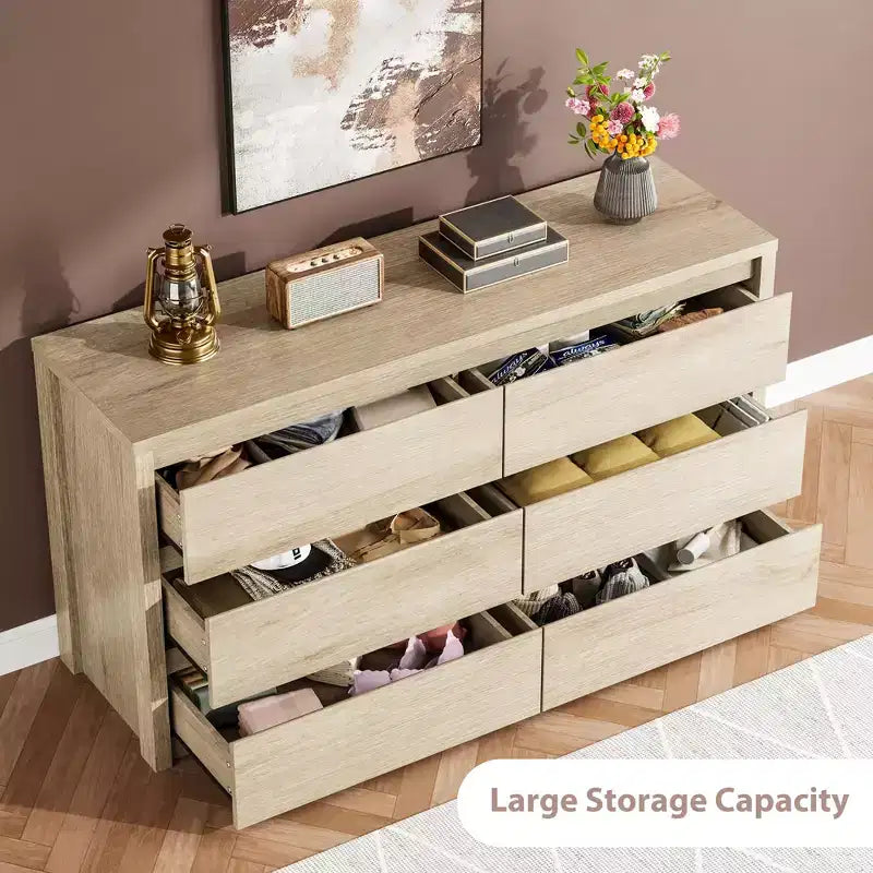 Commode à 6 tiroirs pour chambre à coucher, commode large en bois sans poignée, grande commode de rangement moderne pour salon, couloir, entrée