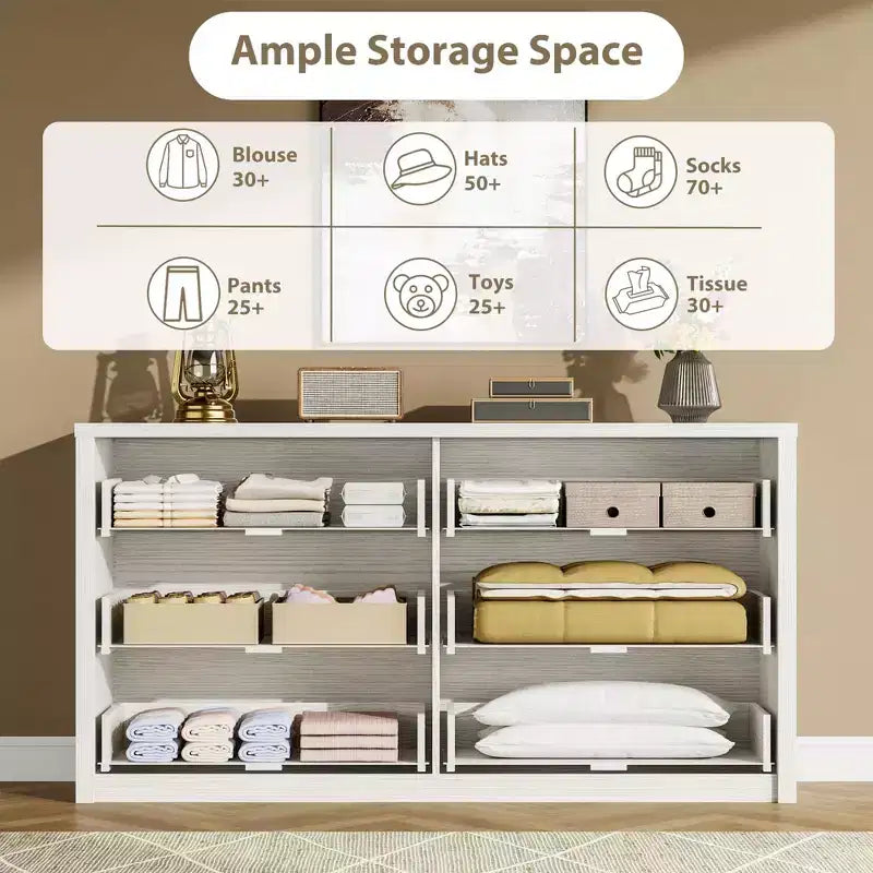 Commode à 6 tiroirs pour chambre à coucher, commode large en bois sans poignée, grande commode de rangement moderne pour salon, couloir, entrée
