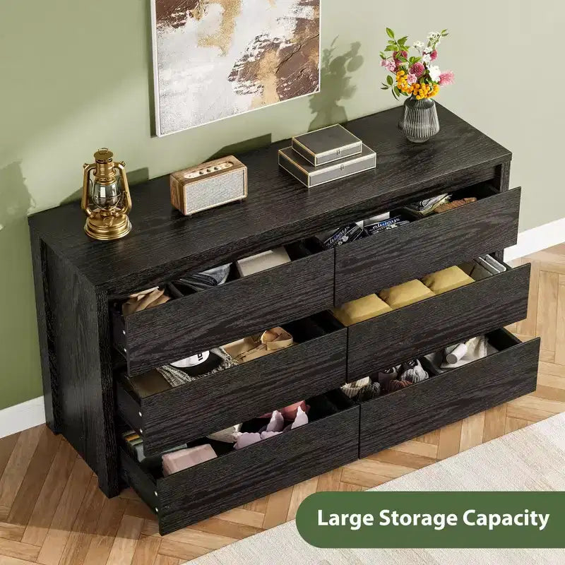 Commode à 6 tiroirs pour chambre à coucher, commode large en bois sans poignée, grande commode de rangement moderne pour salon, couloir, entrée