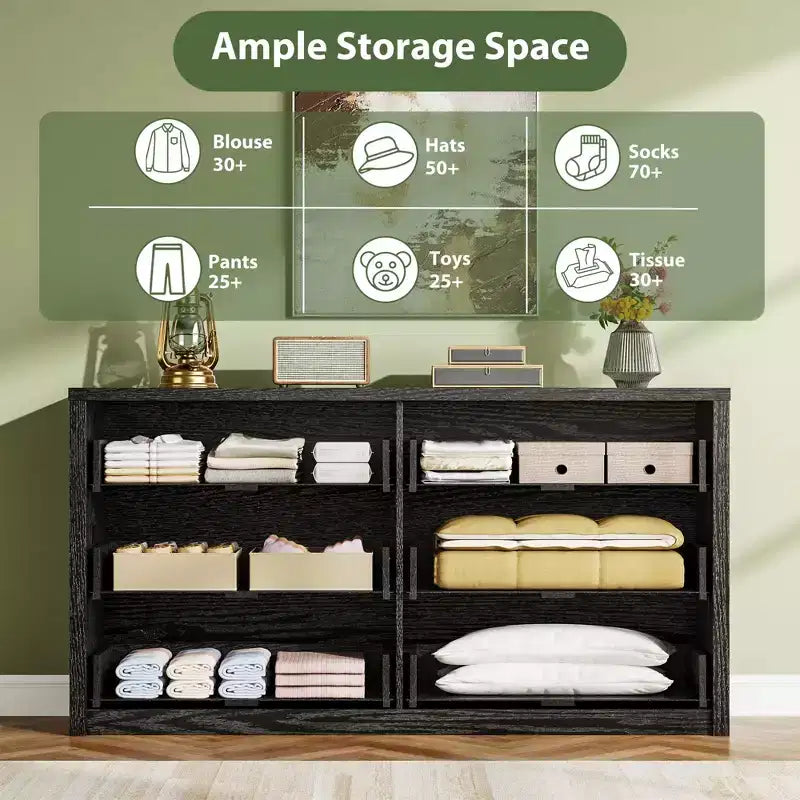 Commode à 6 tiroirs pour chambre à coucher, commode large en bois sans poignée, grande commode de rangement moderne pour salon, couloir, entrée